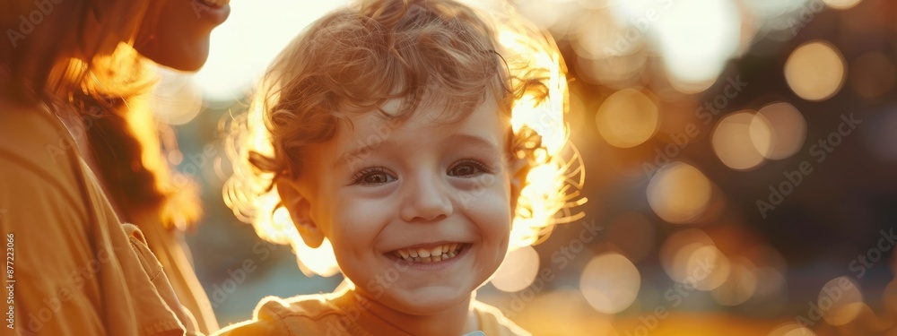 A young child is smiling and looking at the camera. The woman is holding the child. The scene is bright and cheerful A young child is smiling and looking at the camera. The woman is holding the child. The scene is bright and cheerful