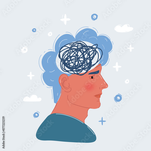 Cartoon vector illustration of thoughts in human head. Confused thoughts