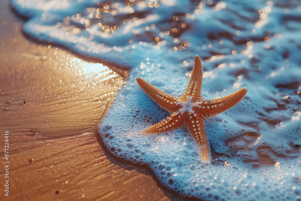 Starfish in the foamy waves on a sandy beach. Starfish in the foamy waves on a sandy beach.