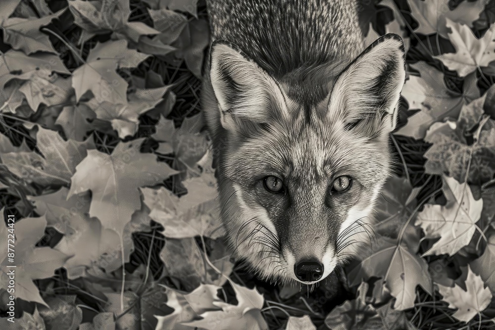 Monochrome photo of a fox surrounded by autumn leaves, looking up ...