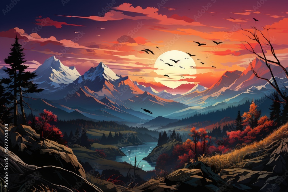 A colorful illustration of a beach with palm trees and an explosion of sun in th, generative IA A colorful illustration of a beach with palm trees and an explosion of sun in th, generative IA