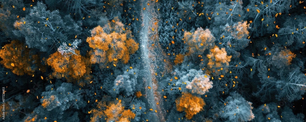 Fototapeta premium Aerial view of a forest in autumn with a winding path, vibrant foliage, and a blend of contrasting colors.