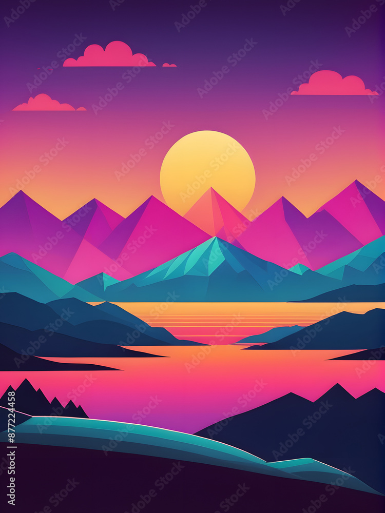 Sunset landscape illustration in pink colors Sunset landscape illustration in pink colors