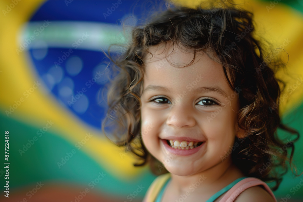 Happy, smiling girl stands in front of a blurred Brazilian flag, symbolizing patriotism and national pride. Brazilian Independence Day. Love for the country. National holiday in Brazil. Happy, smiling girl stands in front of a blurred Brazilian flag, symbolizing patriotism and national pride. Brazilian Independence Day. Love for the country. National holiday in Brazil.