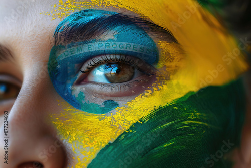 Face of young woman painted in the colors of Brazilian flag, symbolizing patriotism and national pride. Brazilian Independence Day. Love for the country. National holiday in Brazil. photo