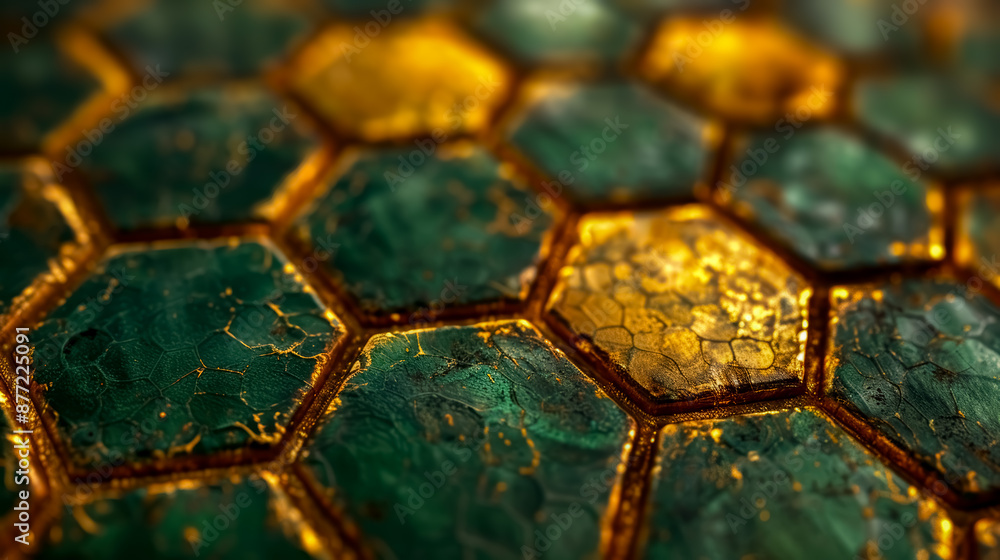 Honeycomb texture dark green and golden glittering background
Honeycomb texture dark green and golden glittering background