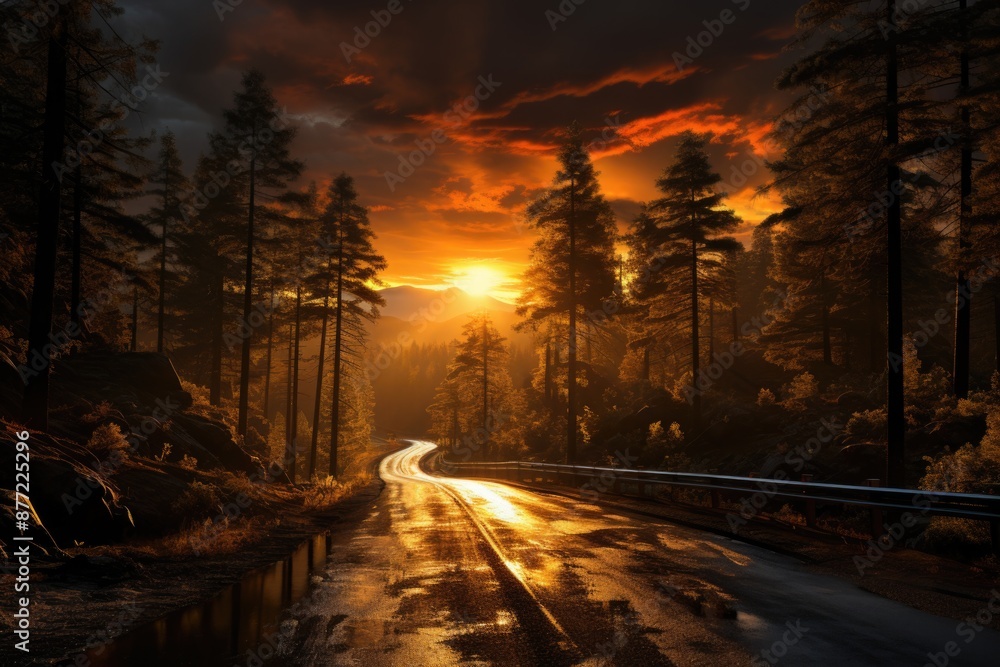A rural road with a sunset and a fence with the sun shining in it., generative IA A rural road with a sunset and a fence with the sun shining in it., generative IA