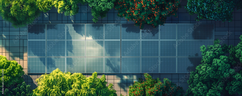 Solar panel surrounded by green bushes, top view. Background or banner, copy space. Concept of alternative, ecological, economical energy Solar panel surrounded by green bushes, top view. Background or banner, copy space. Concept of alternative, ecological, economical energy