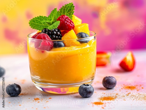 A vibrant glass of mango pudding topped with fresh berries and mint leaves, set against a colorful background, creating a refreshing dessert.