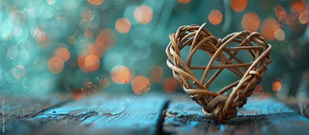 Naklejka premium Heart shaped wicker made of rattan symbolizes love on a holographic background with selective focus providing room for text or images. with copy space image. Place for adding text or design