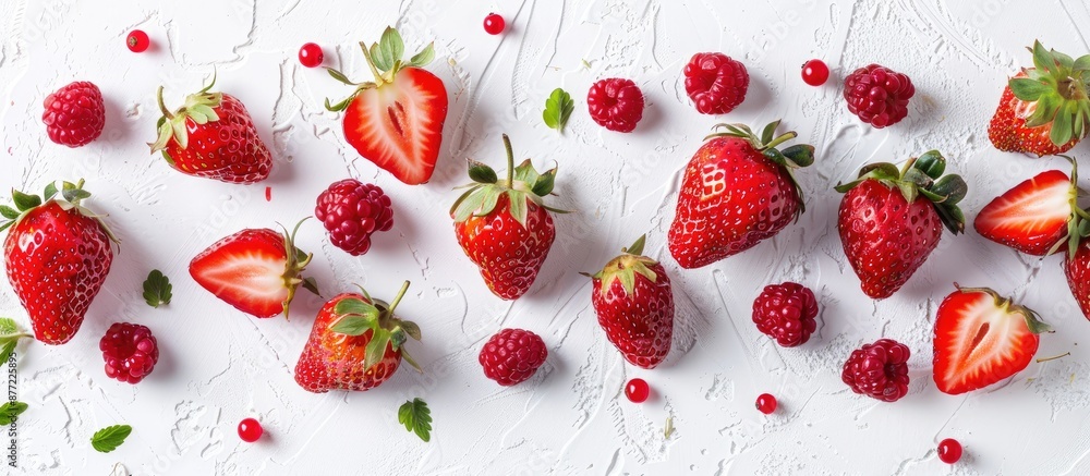 Top view flat lay of strawberry marmalade pieces and berries on a white surface with copy space image Top view flat lay of strawberry marmalade pieces and berries on a white surface with copy space image