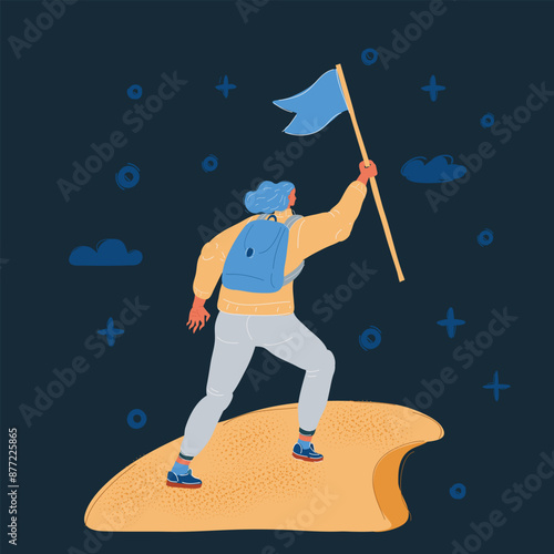 Cartoon vector illustration of Cheerful leader woman on dark background.