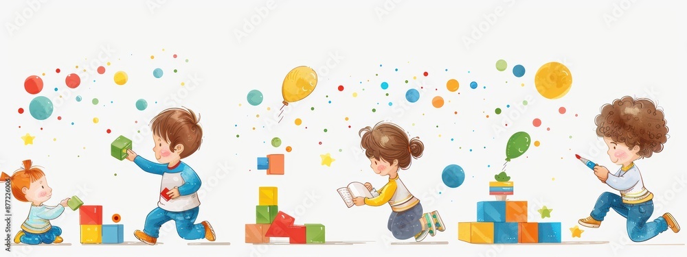 A group of children playing with blocks and a balloon. The children are of different ages and are engaged in various activities, such as building with blocks and playing with a balloon A group of children playing with blocks and a balloon. The children are of different ages and are engaged in various activities, such as building with blocks and playing with a balloon