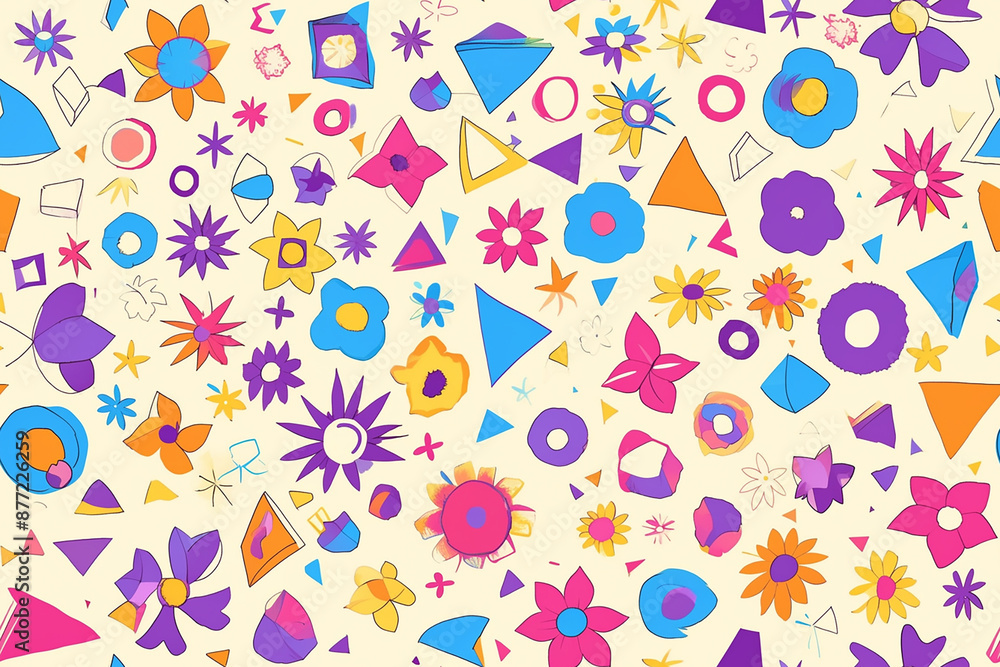 A colorful geometric seamless pattern with various shapes and floral elements. This tile design is vibrant and dynamic, suitable for modern and playful applications. A colorful geometric seamless pattern with various shapes and floral elements. This tile design is vibrant and dynamic, suitable for modern and playful applications.