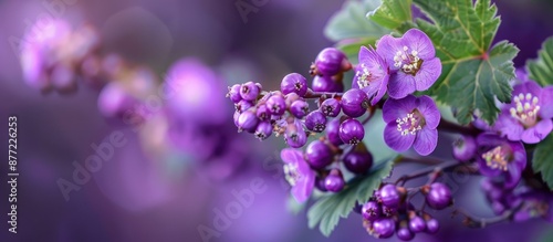 Purple flowers and buds adorn a bush currant branch creating a beautiful scene with a copy space image photo