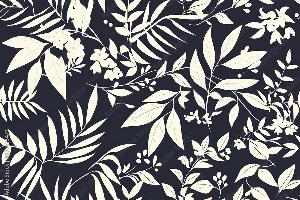 Fototapeta premium A bold seamless pattern featuring high-contrast leaves and floral elements in cream and navy, creating a striking and elegant design.