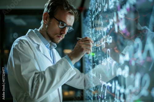 A man in a lab coat is writing on a whiteboard with a pen. He is focused and serious as he writes equations and formulas. Concept of scientific research and the importance of precision