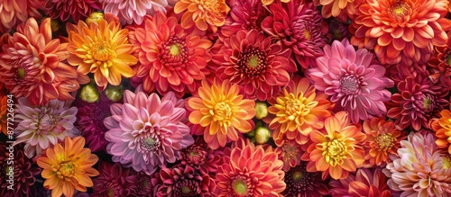 Colorful background with an abundance of chrysanthemum flowers and seeds providing an ideal copy space image