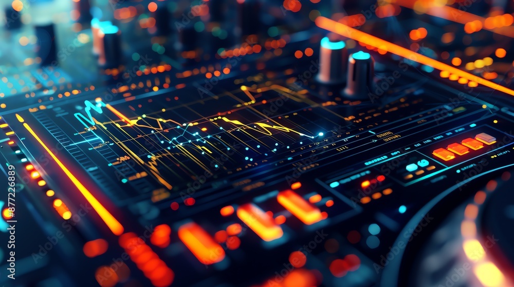Obraz premium A futuristic illustration of a finger operating a mixing desk, concept of making music online