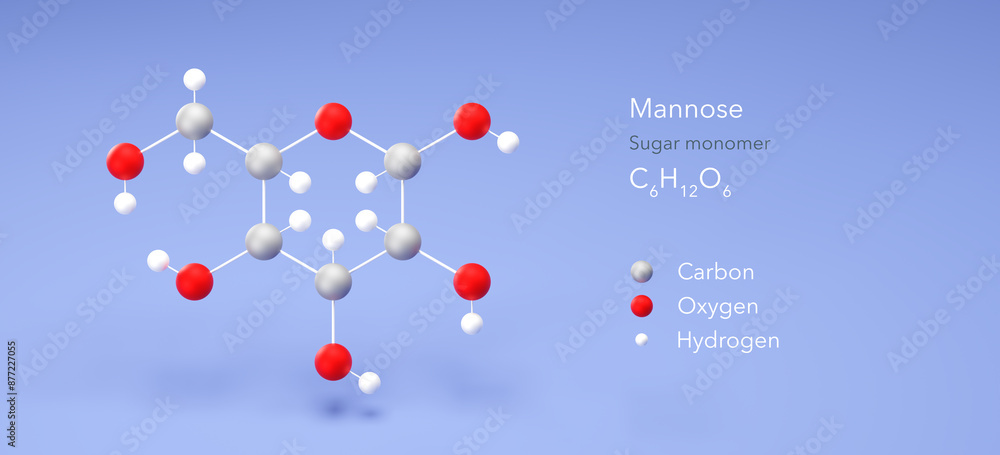 mannose molecule, molecular structure, sugar monomer, 3d model, Structural Chemical Formula and Atoms with Color Coding mannose molecule, molecular structure, sugar monomer, 3d model, Structural Chemical Formula and Atoms with Color Coding