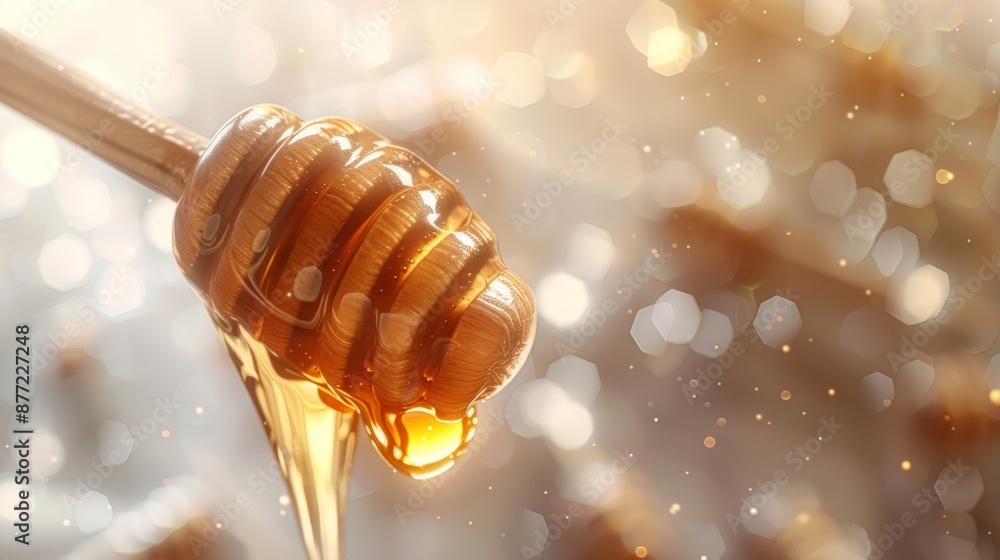 close up of honey dripping from wooden spoon with abstract background of sparkling lights and hexagonal shapes in gold and white, capturing texture and glow of flowing honey close up of honey dripping from wooden spoon with abstract background of sparkling lights and hexagonal shapes in gold and white, capturing texture and glow of flowing honey
