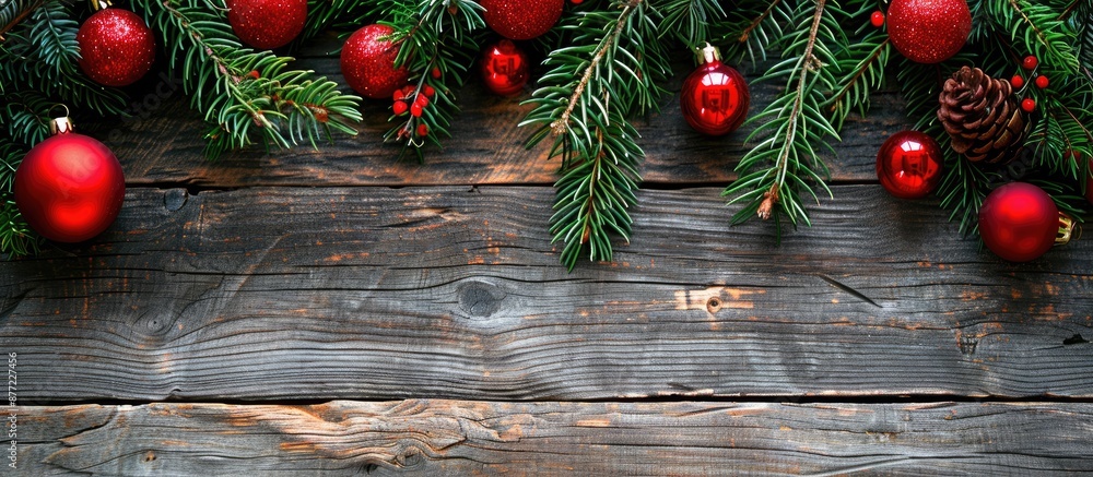 A rustic wooden board serves as a holiday background frame with red Christmas balls on fir tree branches leaving room for a copy space image A rustic wooden board serves as a holiday background frame with red Christmas balls on fir tree branches leaving room for a copy space image