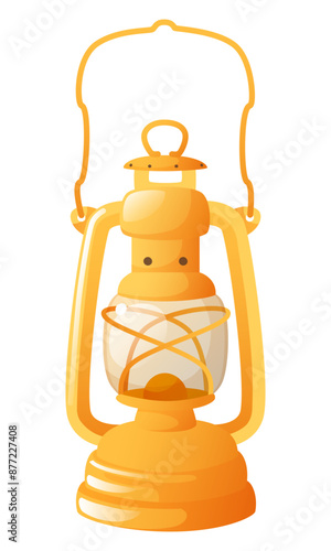 Kerosene lamp, oil lantern with wick, yellow retro camping lamp. Old oil lamp for a hike, expedition, summer camp. Portable flare for garden and outdoor camping. Safe equipment for miners