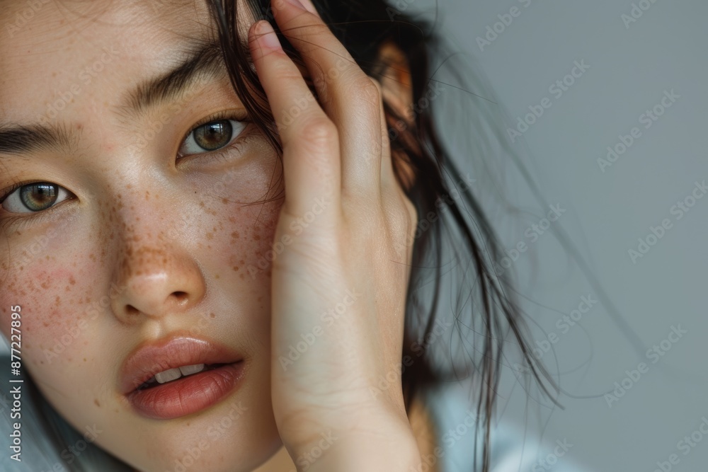 Obraz premium Portrait, Asian woman with skincare products, clean and natural on grey studio background. Woman, girl, and cosmetics for organic facial, detox, or wellness for clear, soft skin