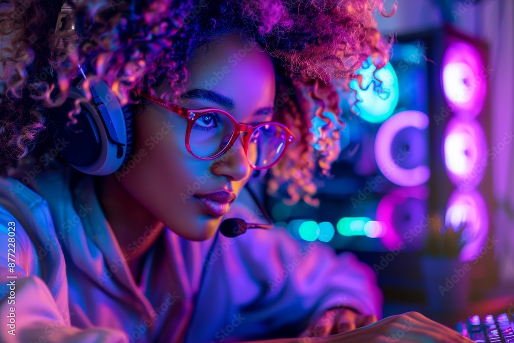 Home computer games, female, and headgear for esports, online RPG, and virtual competition. Female internet streamer gaming on headphones in neon lighting, gen z tech. Home computer games, female, and headgear for esports, online RPG, and virtual competition. Female internet streamer gaming on headphones in neon lighting, gen z tech.