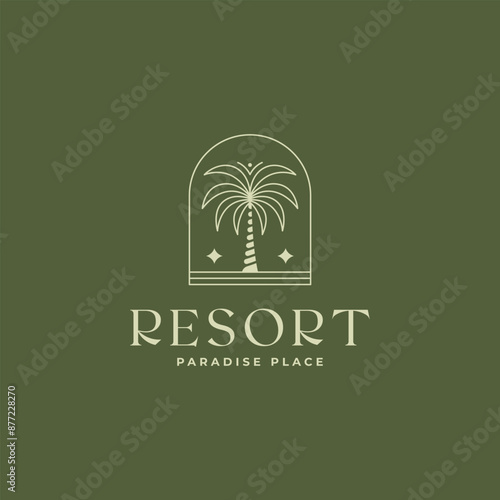 minimalist luxury palm tree resort line art badge icon logo vector illustration design. simple modern hotel, travel services, tropical spa and beauty emblem logo concept