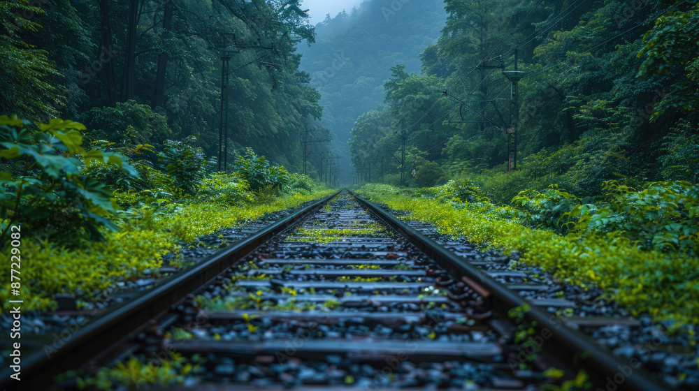 Railway tracks in a forest, with green trees on both sides , rainy day Railway tracks in a forest, with green trees on both sides , rainy day