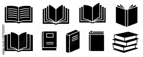 Open close book black line icons. Literature book logo. Textbook symbols. Vector illustration.