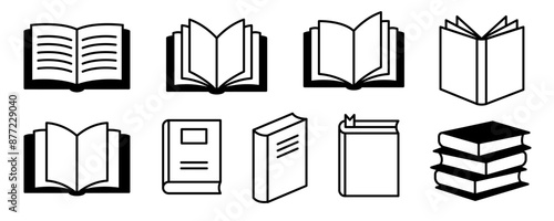 Open close book black line icons. Literature book logo. Textbook symbols. Vector illustration.