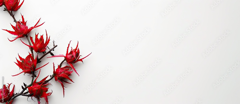 Red Crown of Thorns flower displayed on a white background with available copy space image Red Crown of Thorns flower displayed on a white background with available copy space image