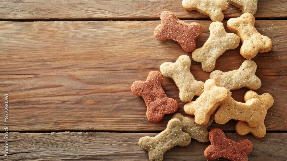 Fototapeta premium Pet product advertisement with bone shaped dog snacks on wooden background