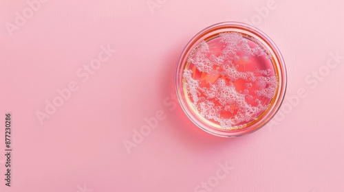 Petri dish on pink background top view empty space for text