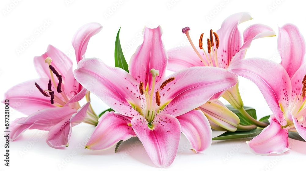 Pink lilies in closeup on white backdrop Pink lilies in closeup on white backdrop