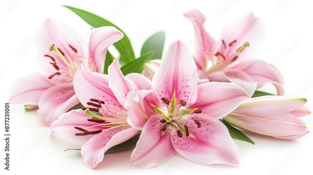 Fototapeta premium Pink lilies in closeup on white backdrop