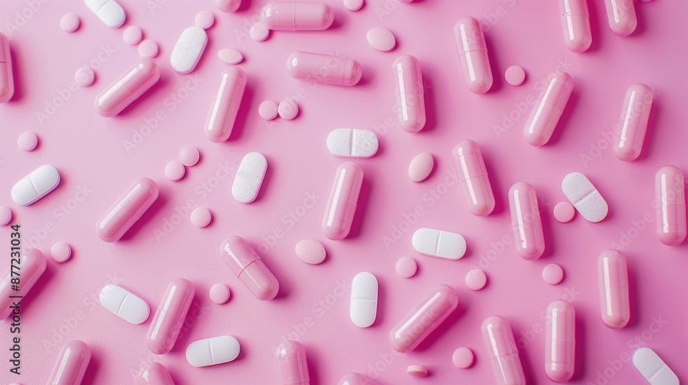 Fototapeta premium Pink medication against a pink backdrop