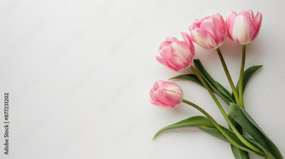 Pink tulip flowers on white background with space for text Event theme Pink tulip flowers on white background with space for text Event theme