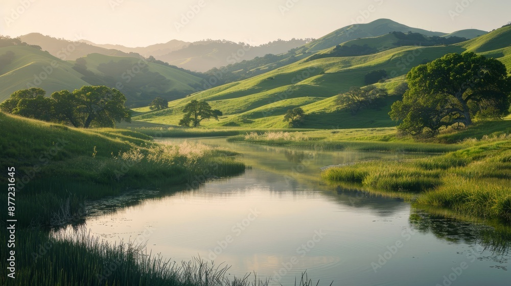 A serene landscape captured in soft light, with gentle shadows adding depth to rolling hills and tranquil water, showcasing professional photography's artistry A serene landscape captured in soft light, with gentle shadows adding depth to rolling hills and tranquil water, showcasing professional photography's artistry