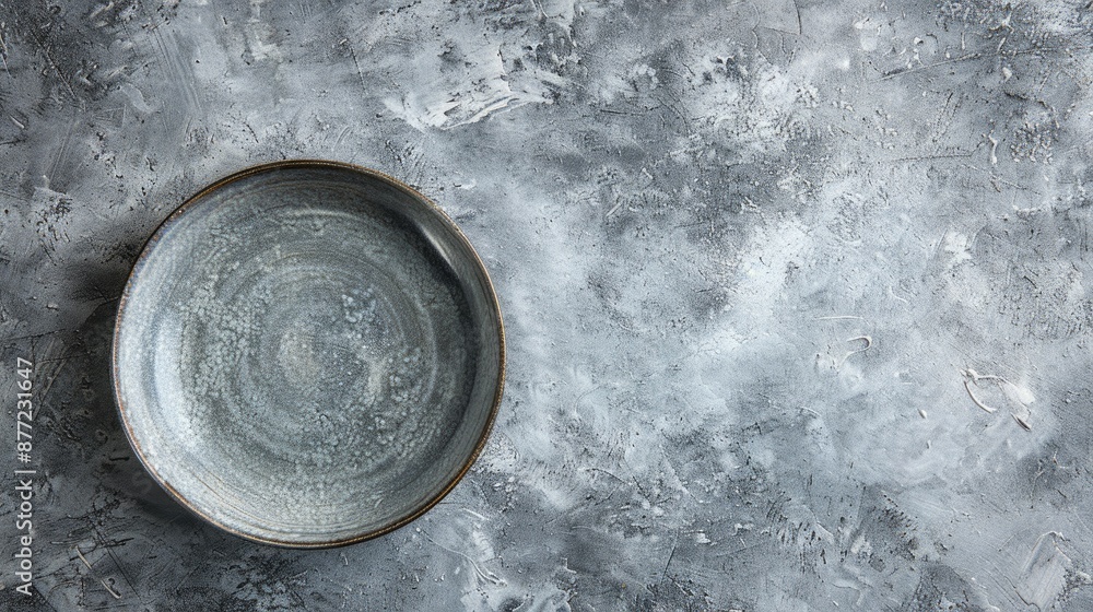 Porcelain dish with village scene on concrete surface Space for text food styling props Porcelain dish with village scene on concrete surface Space for text food styling props