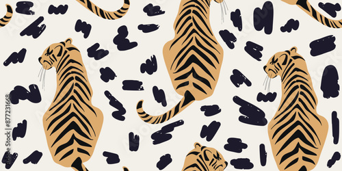 Tigers seamless pattern. Creative collage pattern. Fashionable template for design.
