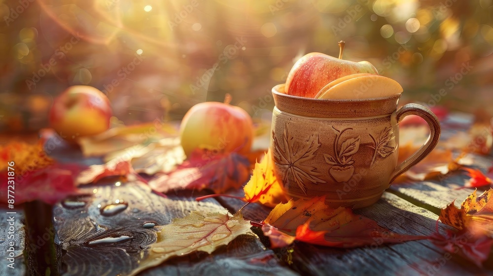 Cozy autumn scene with a mug of apple cider, fallen leaves, and apples under warm sunlight, perfect for seasonal and harvest themes. Cozy autumn scene with a mug of apple cider, fallen leaves, and apples under warm sunlight, perfect for seasonal and harvest themes.
