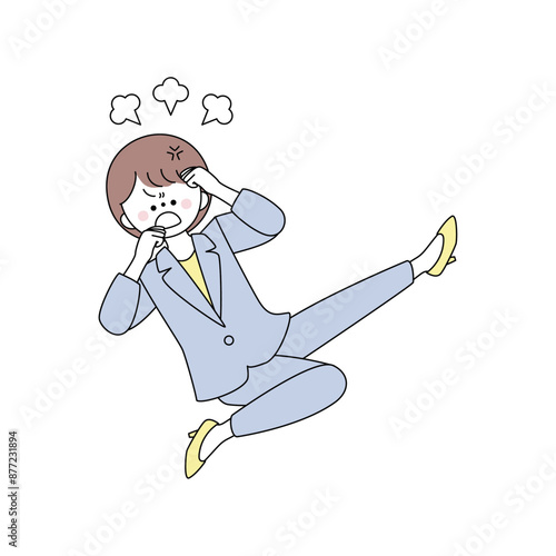 怒って飛び蹴りするスーツの女性のイラスト