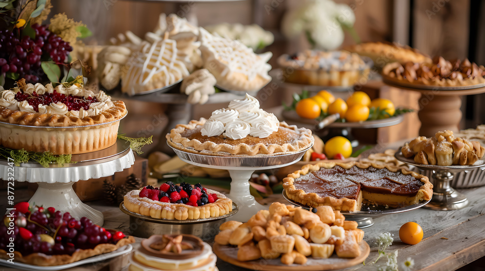 An artistic photo of a Thanksgiving dessert table, featuring an array of pies, cakes, and sweet treats. Emphasize the delicate textures, vibrant colors, and the festive, inviting atmosphere.
An artistic photo of a Thanksgiving dessert table, featuring an array of pies, cakes, and sweet treats. Emphasize the delicate textures, vibrant colors, and the festive, inviting atmosphere.