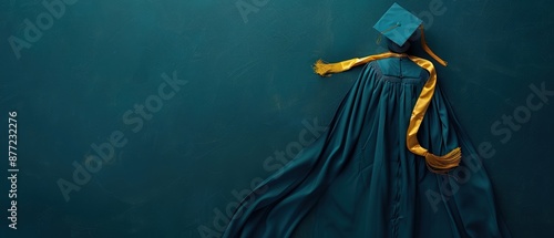 Blue graduation gown and cap against a dark green background.