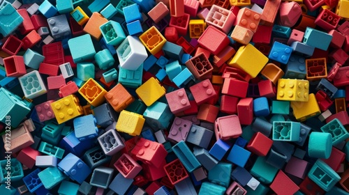 Top view of a pile of colorful Lego blocks scattered all over the place. The lego bricks of different shapes and sizes to show diversity, wallpaper. photo