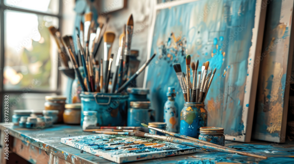 Fototapeta premium A messy art studio with a blue table and a blue wall
