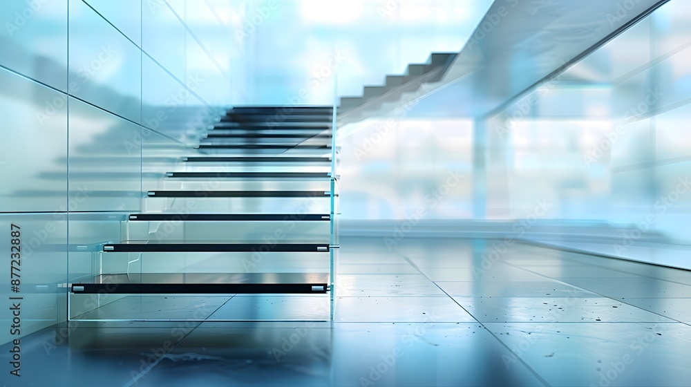 Obraz premium Modern glass staircase with black steps in a blurred background of an interior, with light blue and white colors, in a minimalistic style, with high resolution photography.